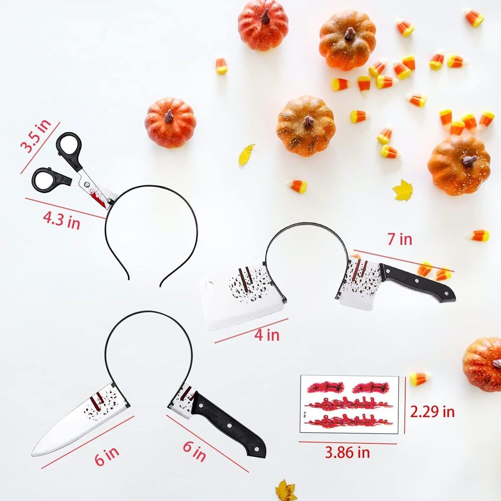 5654 3Pcs Halloween Knife Headbands + 30Pcs Scar Temporary Tattoos,Haunted - Picture 2 of 7